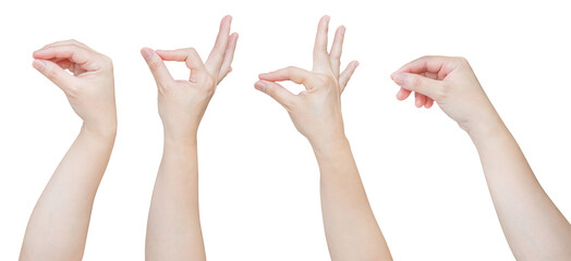 Wall Mural - Woman hand gesture holding something set isolated on white background