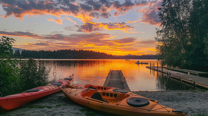 Wall Mural - Kayaks Adrift on the Calm Waters of a Sunset Lake