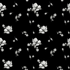 Original seamless pattern of black and white flowers on black background for textiles, wallpaper, fashion design and interior design