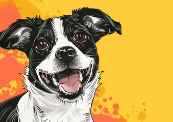 Smiling Black and White Dog Illustration on Yellow Background with Splashes