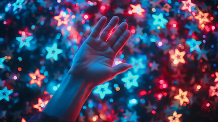 A hand casts a spell of starry light in vibrant neon colors, portraying a magical and dreamlike scene