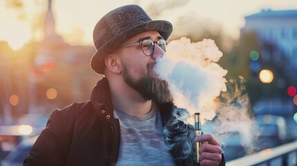 Wall Mural - modern happy young man hat with beard fun vaporizers