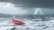 Crimson Paper Airplane in White Sky Defiant Amidst Lightning Strikes Generative ai