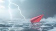 Crimson Paper Airplane A Symbol of Defiance Soaring Against Adversitys Stormy Sky Generative ai