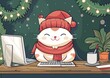 Happy Festive Cat Working on Computer in Winter Holiday Setting