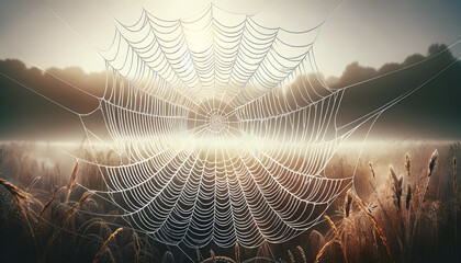 close-up image of the spider web, capturing the vibrant and shimmering details enhanced by dewdrops. 