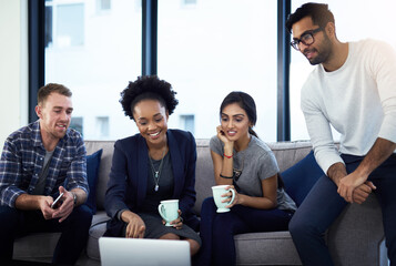 Wall Mural - office, sofa and business people with laptop for collaboration, teamwork or creative advice, help or