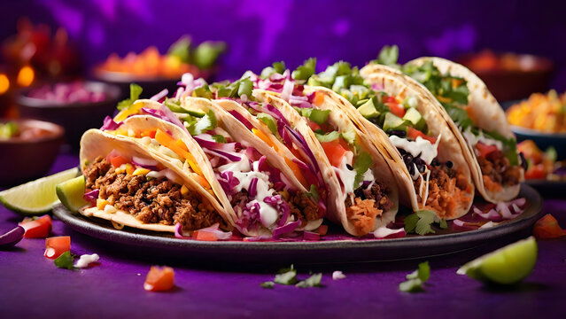 Close up on delicious tacos, isolated on a purple background, photorelistic