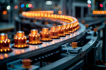 Poster - A conveyor belt with many bottles on it. The bottles are lit up and appear to be glowing