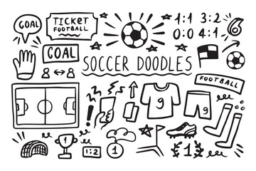 Wall Mural - Soccer doodle elements set. Football sport ball, winner cup. Hand drawn sketch style.