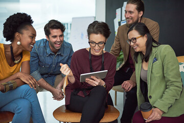 Poster - Business people, tablet and laughing with creative teamwork in office for funny meme, social media or research. Men, women and diversity collaboration with comedy on work break, bonding or website