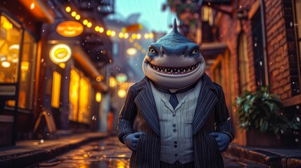 Sleek shark navigates city currents with tailored finesse, embodying street style. The realistic urban backdrop frames this fashionable predator, seamlessly blending aquatic allure with contemporary f