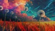 A surreal landscape where giant dandelions tower over traditional wheat fields under a neon sky. 