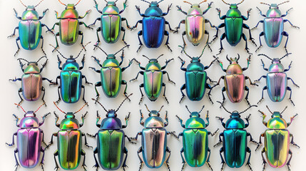 Canvas Print - A grid of various colored iridescent shiny jewel beetle illustrations on a white background.