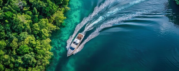 Canvas Print - Aerial view of speed boat cruising along the river in Phang Nga Bay, Thailand.