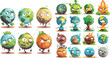 Pollution planet character. Cartoon planets mascots with ecology problems without forest breathing