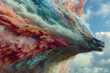a large colorful cloud coming out from a giant godzilla figure