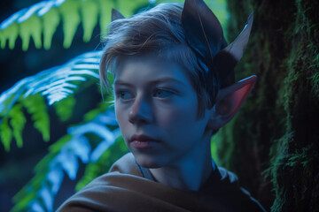 a boy dressed in elf clothing with a bird's ear on