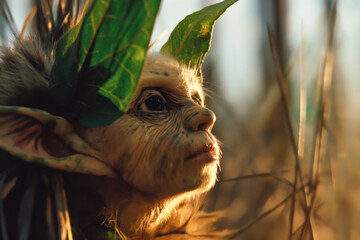 Wall Mural - a monkey is sitting in the tall grass with a leaf