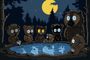 Wall Mural - Cartoon cute doodles of a group of nocturnal animals gathering at a watering hole under the cover of darkness, their eyes shining brightly, Generative AI