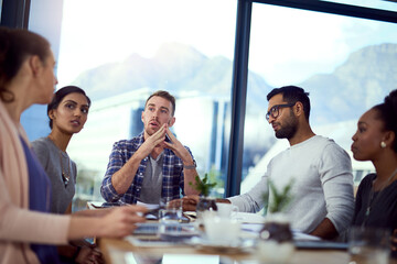 Poster - Business team, meeting and leadership conversation with teamwork, collaboration and problem solving. Communication, boardroom and planning with public relations staff in an office with people