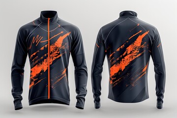 A 3D long sleeve jersey in deep navy blue features neon orange brush strokes