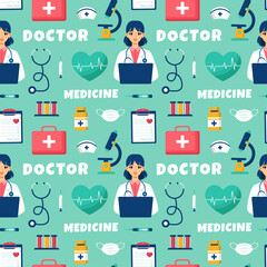 Wall Mural - Doctors Seamless Pattern Design with Medical Equipment in Template Hand Drawn Cartoon Illustration