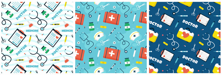 Wall Mural - Doctors Seamless Pattern Design with Medical Equipment in Template Hand Drawn Cartoon Illustration