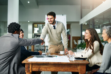 Fototapete - Handshake, people or architect in presentation in meeting for collaboration, deal or architecture business. Engineering, development or happy designer shaking hands with property investor in planning