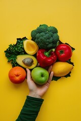 Wall Mural - Fruits and vegetables bursting out on a yellow background. The concept of healthy eating.