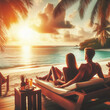 Tropical Paradise: Couple Enjoys Sunset Serenity on Beachfront Getaway. generative AI