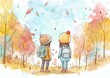 Two Children Enjoying a Scenic Autumn Walk in a Whimsical Forest Illustration
