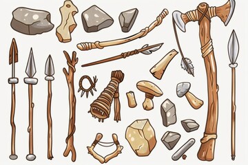 Cartoon cute doodles of primitive tools and weapons used by early humans, such as stone axes, spears, and bows and arrows, Generative AI