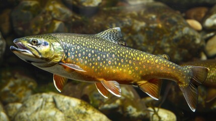 full-length portrait of an adult brook trout swimming in freshwater aquarium amidst aquatic plants