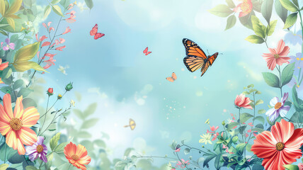 pastel white background with  copy space flowers butterfly and plants