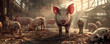 Pigs roam in a dusty, sunlit industrial setting.