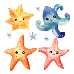 Wall Mural - set of cute starfish watercolor clipart hand drawn transparent background