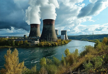 Nuclear power plant with towers smokes, environmental pollution. Nuclear reactor waste. AI generated.