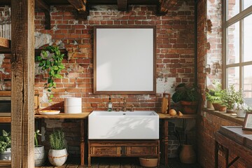 Wall Mural - A single blank frame hangs above the vintage farmhouse sink