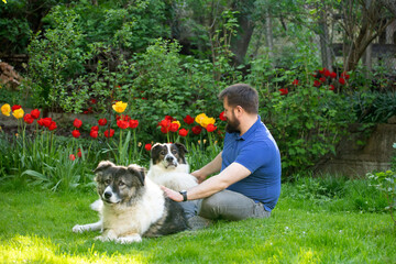 Sticker - Happy man enjoying time with the dog in the garden