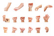 A collection of chubby babies' hands in various poses. And the baby's feet too. on a white background