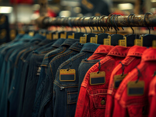 Wall Mural - Close up shots of cloth tags of pants, jackets, tag labels made from red black and gray denim jeans and leather are hanging on the rack and tidy folded on the shelf in a shop.