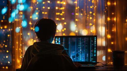 Beneath a canopy of twinkling fairy lights, a developer's laptop screen becomes a canvas for creativity, the glow of the monitor illuminating their face as they breathe life into d