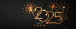 2025 golden number and abstract fireworks on dark background. Golden New Year and numbers on dark Christmas background.