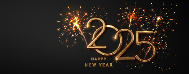 Wall Mural - 2025 golden number and abstract fireworks on dark background. golden new year and numbers on dark ch