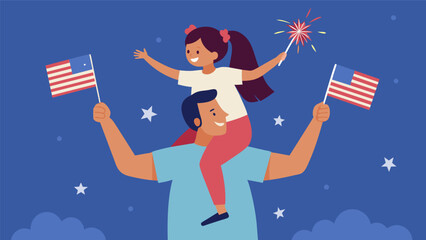 Wall Mural - A young girl sits on her fathers shoulders holding a sparkler in one hand and a small American flag in the other as they watch a fireworks display. Vector illustration