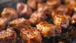 Close-up of marinated pork slices sizzling on a hot grill plate, releasing flavorful juices and enticing diners with the promise of tender and savory bites,