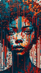 Wall Mural - AI generated illustration of a woman with intense eyes, overlaid with red and white rain-like lines