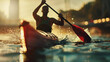 © mohammad - Canoe athlete raises paddle after winning race at Olympic championships, Ai Generated images