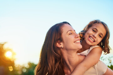 Sticker - Smile, girl and mother on shoulder in outdoor by family house with generations for embrace, bonding and love in garden. Happy, parent and child on vacation for childhood with nature for memory